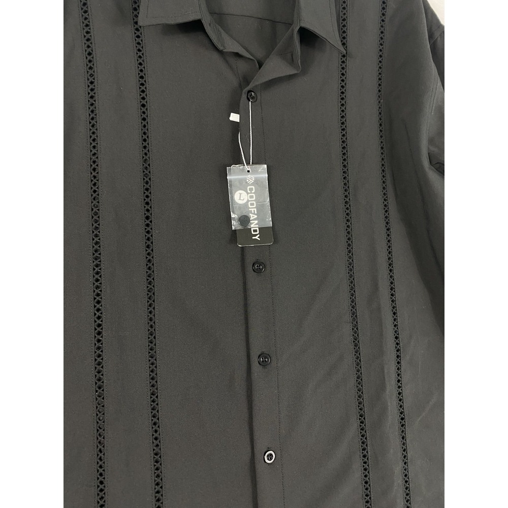 2/$30 NWT Coofandy Button Up Shirt Men Sz L Black Long Sleeve Cuban - Picture 9 of 14